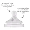 A close-up illustration of a baby bottle nipple with descriptive text and arrows pointing to features. Produktbild-Vorschau