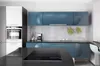 A modern kitchen with blue cabinets and a white and gray built-in oven. Produktbild-Vorschau
