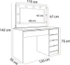 A diagram showing the dimensions of a white vanity table with a lighted mirror. Náhled obrázku produktu