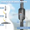 Diagram showing how to open and close a patio umbrella using a crank mechanism, with step-by-step illustrations. Produktbild-Vorschau