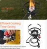 A collage of images showing a propane burner with flames, a hand connecting a propane tank, and a separate image of the burner. Produktbild-Vorschau