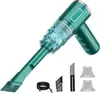 A green handheld vacuum cleaner with various attachments and filters displayed against a white background. Produktbild-Vorschau