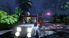 A Lego vehicle with two figures drives through a dark, jungle-like environment at night, with a dinosaur visible in the distance. Náhled obrázku produktu