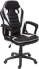 A black and white gaming chair is shown against a white background.
