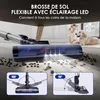 A vacuum cleaner head with LED lights is shown cleaning debris from the floor. In the background, a child and a dog are visible. Two smaller insets show the vacuum's articulation at 180 and 90 degrees. Voir les images du produit