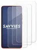 Three transparent screen protectors are shown layered on top of each other, with the front-most protector partially covering a smartphone. Produktbild-Vorschau