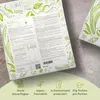 The image shows the packaging of a vegan protein powder product, with nutritional information and marketing icons visible. The packaging is decorated with green botanical illustrations. Anteprima dell’immagine prodotto