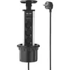 A pop-up power strip with multiple outlets and USB ports, shown with its power cord and plug. Produktbild-Vorschau