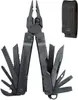 A black Leatherman multi-tool with various tools extended, shown against a white background. A black fabric sheath is also visible. Produktbild-Vorschau