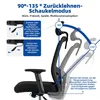 An ergonomic office chair with diagrams illustrating its reclining and rocking functions. Produktbild-Vorschau