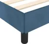 Close-up of the corner of a blue fabric bed frame with wooden slats and black legs. Podgląd zdjęcia produktu