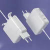 Two white Apple MacBook chargers are shown against a light purple background. Produktbild-Vorschau