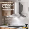 A stainless steel range hood is shown installed above a stovetop, with text overlays highlighting installation time and ease. Produktbild-Vorschau