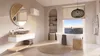 A modern bathroom with a bathtub, sink, and vanity, overlooking a scenic ocean view. Produktbild-Vorschau