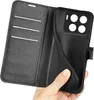 A hand holding a black leather flip phone case open, revealing card slots on the inside of the cover and the phone holder section. Produktbild-Vorschau