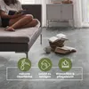 A person is reading a book on a sofa, with books and a mug on the floor next to them. There are three circular icons with text below them. Produktbild-Vorschau