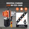 A marketing image showing an industrial electric chain hoist with text and icons highlighting its features. Produktbild-Vorschau