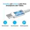 Close-up of a USB-C connector with internal circuitry visible, accompanied by icons and text describing charging features. Produktbild-Vorschau