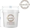 A white plastic bucket with a logo and dimensions shown. Produktbild-Vorschau