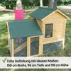 A young girl stands behind a wooden animal hutch with a green roof, with her arms outstretched. Produktbild-Vorschau