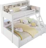 A white bunk bed with storage shelves and drawers, decorated with pillows and a teddy bear. Produktbild-Vorschau