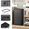 A collage of images showing details of a black trash can, including its power switch, bag holder, handle, and base, alongside a full view of the trash can in a kitchen setting. Podgląd zdjęcia produktu