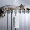 A cat is sleeping on a radiator with a humidifier attached. Voir les images du produit