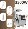 A marketing image showcasing a meat grinder and its accessories, with dimensions and power indicated. Produktbild-Vorschau
