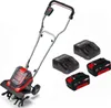 A cordless tiller and its accessories are displayed against a white background. Produktbild-Vorschau