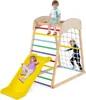 Children playing on a wooden climbing frame with a slide and net. Produktbild-Vorschau