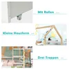 A collage of images showing different features of a children's bed, including wheels, house shape, and stairs. Náhled obrázku produktu