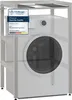A white washing machine is placed on a white metal shelf unit. A quality seal is attached to the shelf. Produktbild-Vorschau
