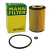 A product shot of a Mann Filter oil filter, its packaging, and two O-rings, all on a white background. Produktbild-Vorschau