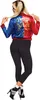 A person wearing a Harley Quinn-themed jacket and black leggings, posing with their hair. Produktbild-Vorschau