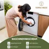 A woman is putting laundry into a washing machine, with text and logos overlayed at the bottom and top right. Produktbild-Vorschau