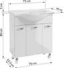 A white bathroom vanity with a sink and three cabinet doors, shown with dimensions indicated by measurement lines and text. Produktbild-Vorschau
