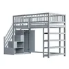 A gray loft bed with stairs and a wardrobe is shown against a white background. Produktbild-Vorschau