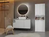 A modern bathroom vanity and cabinet set with a sink, mirror, and shower. Produktbild-Vorschau