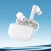 A pair of white wireless earbuds and their charging case are shown floating against a gradient blue background with a wavy water-like pattern at the bottom. Produktbild-Vorschau