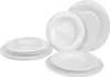 A set of white ceramic plates and bowls stacked on a white background. Produktbild-Vorschau