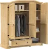 A wooden wardrobe with doors open, showing hanging clothes and shelves. Náhľad obrázku produktu