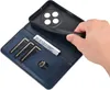 A hand is shown holding a blue leather wallet case for a phone, with cards and money inserted. Produktbild-Vorschau
