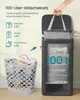 A hand is shown lifting a lid on a large, dark gray laundry hamper. The hamper is transparent and filled with folded clothes. To the left, there are icons representing shirts, pants, and towels with quantities listed, and two gray laundry baskets filled wi Produktbild-Vorschau