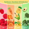 A collage of plush toys shaped like fruits and vegetables, sorted into color-coded sections. Produktbild-Vorschau
