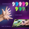 A marketing image showing a color palette of modeling clay, hands, and a finished panda artwork. Produktbild-Vorschau