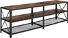 A long, multi-shelf TV stand with a rustic wood finish and black metal frame, shown against a white background. Náhled obrázku produktu