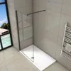 A modern bathroom with a walk-in shower, a window with a tropical view, and a heated towel rack. Produktbild-Vorschau