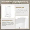 A marketing image showcasing a white hallway storage unit with a padded bench and hooks, accompanied by text highlighting its safety and quality. Náhľad obrázku produktu