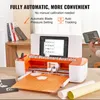 A vinyl cutting machine is shown on a desk with a tablet displaying software and a person holding another tablet. Produktbild-Vorschau