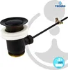 A black and bronze sink drain assembly with white seals, shown against a light gray and white background with a logo in the upper right corner. Produktbild-Vorschau